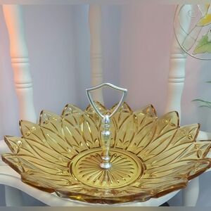Vintage Amber Glass candy serving dish scalloped edged Sunflower design